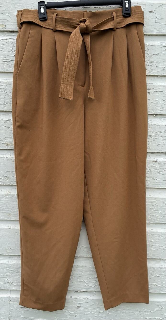 Calvin Klein Pants Womens 12 Tan High Waist Tie Paper Bag Waist Pleated Front